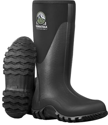 TerraTrax Stivali impermeabili in gomma da uomo, stivali da pioggia e da lavoro, resistenti 6 mm, isolati, ideali per la pesca, la caccia e l'agricoltura, colore nero, 44,5 EU