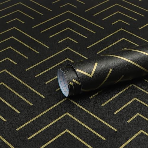 Timeet Self Adhesive Wallpaper Black and Gold Pattern Peel and Stick Wallpaper Gold Lines Geometric Sticky Back Vinyl Removable Contact Paper Wall Covering Decorative Film DIY 44x300cm