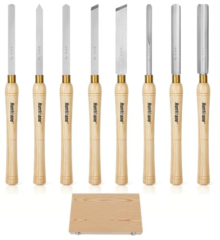 HURRICANE Set di scalpelli per tornio per legno, 8 pezzi, strumenti per tornitura per legno HSS, strumenti per tornio per la lavorazione del legno, con scatola di legno