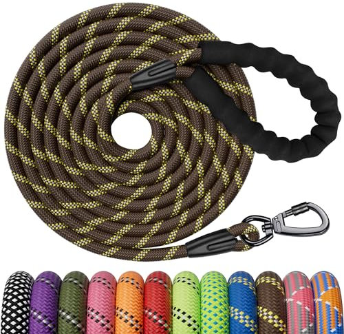 Kdsvakd Training Lead for Dogs, 3m / 10ft Dog Rope Lead with Carabiner Clip and Padded Handle, Reflective Recall Puppy Leash for Puppy, Small, Medium, Large Dog, Brown
