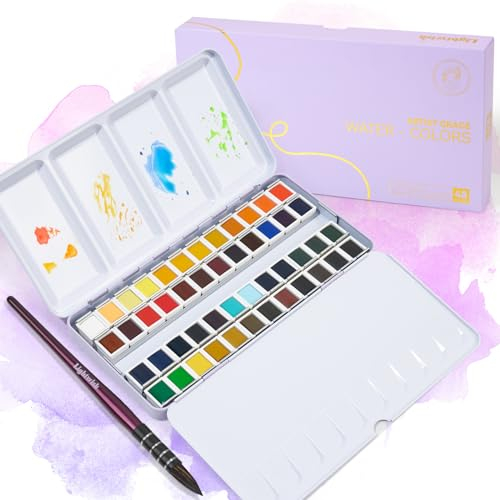 LIGHTWISH Lot de 48 peintures aquarelles dans une boîte portable, avec pinceau, papier aquarelle et palette, kit d'aquarelle de voyage pour artistes, peintres amateurs et amateurs de peinture