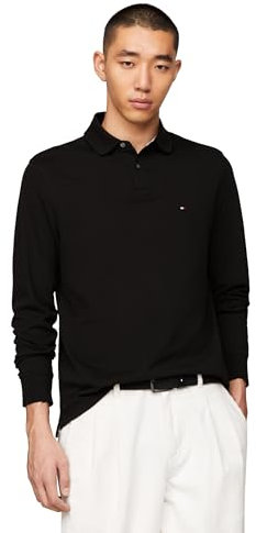Tommy Hilfiger Men's Long Sleeve Polo Shirts in Regular Fit with Stretch and Organic Pique Cotton, Black, XXL