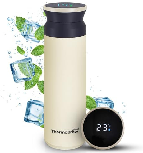 THERMOBREW Insulated Stainless Steel Hot Water Flask Thermal Water Bottle for Baby Bottles and Hot Drinks Insulated Coffe Mug Flask with Tempereture Display 500ML (Magnolia)