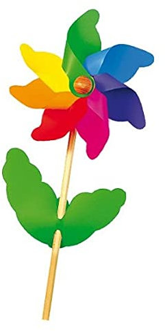 Moulin a Vent decoratif Arc en Ciel - Rosace Fleur Multicolore Ø20cm, Tige Bois 45cm - Decoration Jardin Exterieur Set Jouet Enfant + 1 Carte