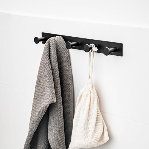 ELMOWO - Edelstahl Hakenleiste mit 5 Haken ohne Bohren selbstklebend inkl. Spezialkleber (extrem sicherer Halt) für Bad & Küche - Küchenhakenleiste für Pfannen, Töpfe & für das Badezimmer (schwarz)