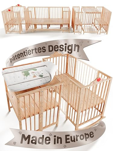 VonDerWelt Babybett mitwachsend von 0-9 Jahre [Montessori] Beistellbett Baby Boxspringbett | Beistellbett Baby 120x60 | Gitterbett Komplettset | Laufgitter 120x120 | Juniorbett 90x180 aus Natur Buche