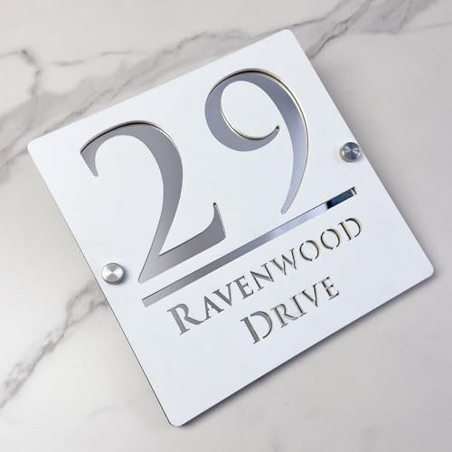Cartello numero civico sospeso vuoto 3D acrilico personalizzato con nome di strada fontana moderna | Segnale indirizzo negozio piastra porta (Bianco&Argento)