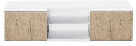 AltoBuy Chris Oak - Meuble TV Blanc Laqué Brillant Aspect Bois avec LED