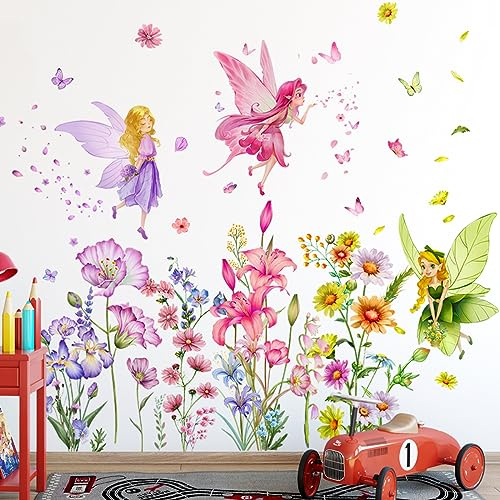 Wandaufkleber mit Blumenfee, Schmetterlingsmädchen mit Wildblumen, für Mädchen, Schlafzimmer, Baby, Kinderzimmer, Wanddekoration