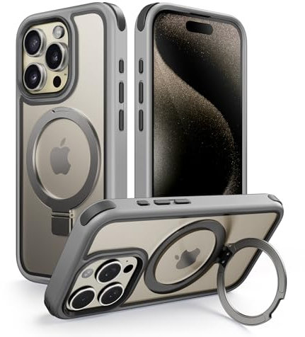 MobNano for iPhone 15 Pro Case with Stand, Compatible with MagSafe, Crystal Clear, Military-Grade Protection, Magnetic Ring Holder & Protective Bumpers, Outdoor Case Cover - Grey/Black