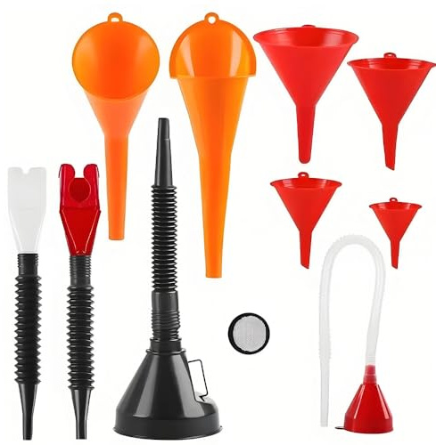 11 Pcs Flexible Plastic Funnels Set, Universal Car Engine Funnels | Right Angle Funnel Set with Detachable Spout & Filter & Snap Funnel for Water Gasoline Coolant Engine Oil