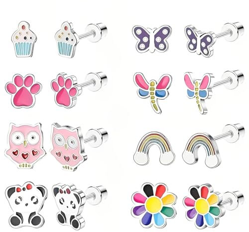 Lot de 8 paires de petites boucles d'oreilles pour filles, boucles d'oreilles avec aiguilles pour oreilles en acier inoxydable, hypoallergénique, CZ colorés, animaux, fleurs, fruits, perles, boucles