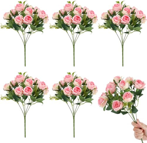 saerryor 60Pcs Pink Artificial Roses, 10 Roses per Bunch Realistic Wedding Bouquet Suitable for Home Décor Weddings Birthday Parties and Other Occasions