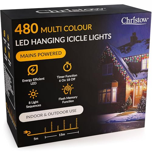CHRISTOW Hanging Icicle Christmas Lights, Multi-Colour, 480 LEDs | 5mm LEDs, 30/60cm Drops, 8 Modes, Memory, 6-Hour Timer, Mains Powered, 5m Cable, Indoor/Outdoor Use, 15m Lit Length