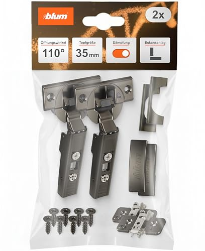 BLUM 2x CLIP top BLUMOTION Möbel Scharnier 110° in onyx, gerade mit Feder, Schrauben, Eckanschlag + BLUM CLIP Exzenter Kreuzmontageplatte, Stahl, Schrauben, Distanz 0 mm (2 Sets)