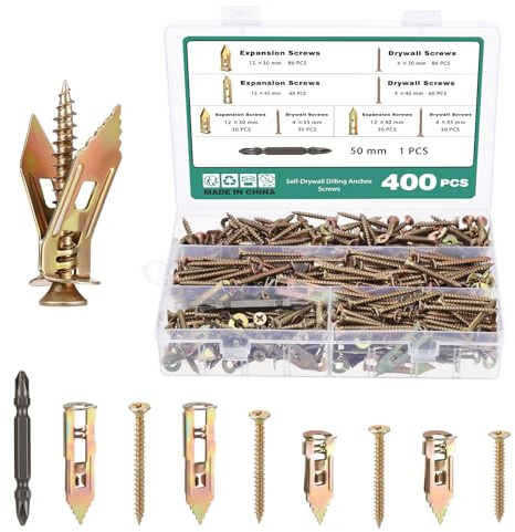 Faankiton 400PCS Kit de Chevilles et Vis Autoperceuses, Kit d'Ancrages et Vis Autoperceuses pour Cloisons Sèches, 4 Tailles Kit de Vis pour Plaques de Plâtre 2 Tailles Vis à Expansion Auto-Taraudeuses