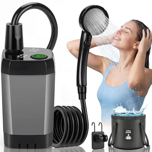 Tonfarb Campingdusche, 6000mAh Akku Camping Dusche mit Pumpe, Outdoor Dusche Mobile mit Duschkopf und 2M Schlauch, Intelligenter Digitalanzeige, Fuer Garten, Wohnmobil, Wohnwagen, Reise, Hundedusche