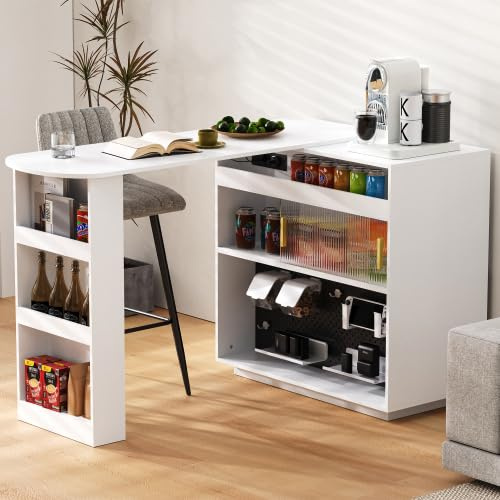 kowdom Kücheninsel freistehend & ausziehbarer Bartisch mit LED-Beleuchtung, 360° drehbar, 120-180 cm – Stauraum mit Glas-Schiebetüren für Küche, Esszimmer, Hausbar – MDF Weiß