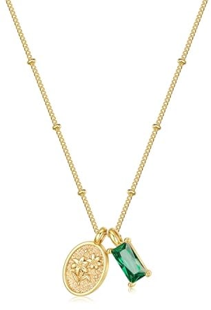 Turandoss Personalisierte Geburtsstein Kette Gold Damen - 14K Vergoldet Kette mit Gravur Geburtsblume Anhänger Halskette mit Geburtsstein Anhänger Geburtstag Geschenk für Frauen Mädchen