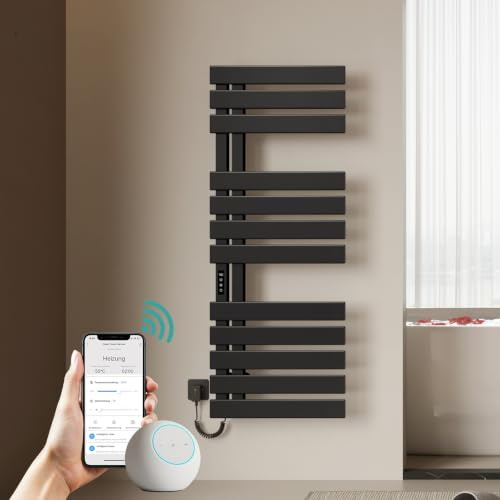 EMKE Elektrischer Badheizkörper 1300x500 mm, Intelligenter Handtuchheizkörper mit WiFi-App-Steuerung, Timer & Thermostat, Handtuchwärmer zur Wandmontage, 440 Watt, IP45, Schwarz