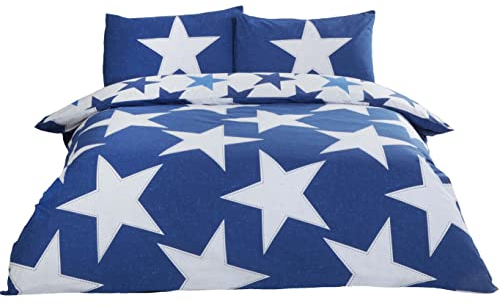 Rapport Stars Reversible Duvet Cover Bed Set, Polycotton Navy, King, Blue