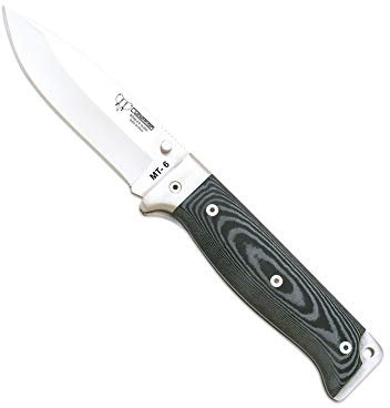 Cudeman Navaja 328-M MT-6 hoja de acero Böhler N-695 de 11 cm y empuñadura de micarta negra separadores rojos de 12,5 cm para caza, pesca, supervivencia y bushcraft + Portabotellas regalo