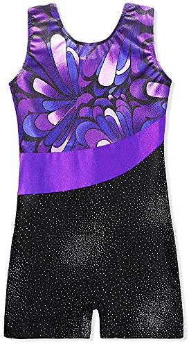 Gymnastikanzug für Mädchen, mit Shorts, glitzernd, Schmetterlings-Blumen-Muster, ärmellos, Biketars, Hotpink/Schwarz - Violett - 140 cm(7-8 Jahre)