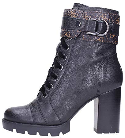Guess Stivaletti Anfibi, Donna, Pelle Nera con Cinturino logato Marrone. Chiusura con Stringhe e Zip Laterale. N.35