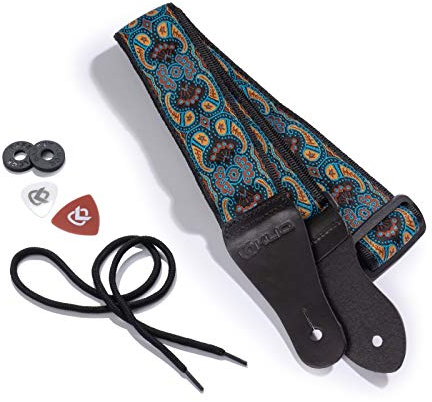 KLIQ Vintage Woven Guitar Strap for Acoustic and Electric Guitars + 2 Free Rubber Strap Locks, 2 Guitar Picks and 1 Lace | '60s Jacquard Weave Hootenanny Style | Turquoise & Coffee Paisley