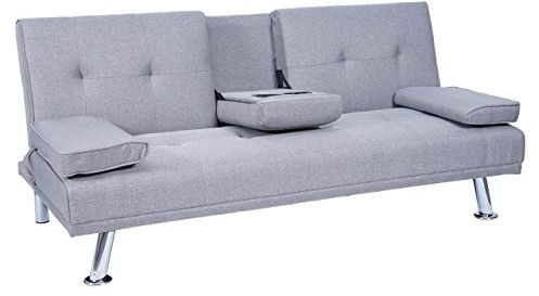 Mendler 3er-Sofa HWC-F60, Couch Schlafsofa Gästebett, Tassenhalter verstellbar 97x166cm - Textil, hellgrau