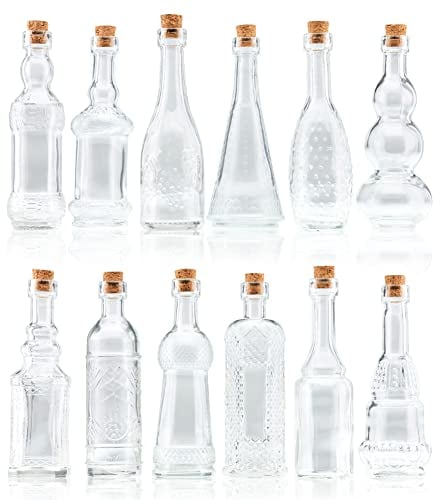 BULK PARADISE Small Mini Clear Vintage Glass Bottles with Corks, Mini Vases, Decorative, Potion, Assorted Design Set of 12 pcs, 4.6 Inch Tall (11.43cm), 1.4 Inch Wide (3.56cm)
