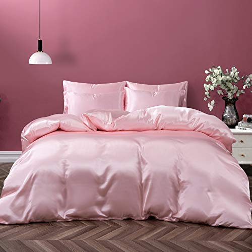 P Pothuiny Parure de lit 5 pièces en Satin avec Housse de Couette et 4 taies d'oreiller pour très Grand lit, Rose pâle (sans Couette)