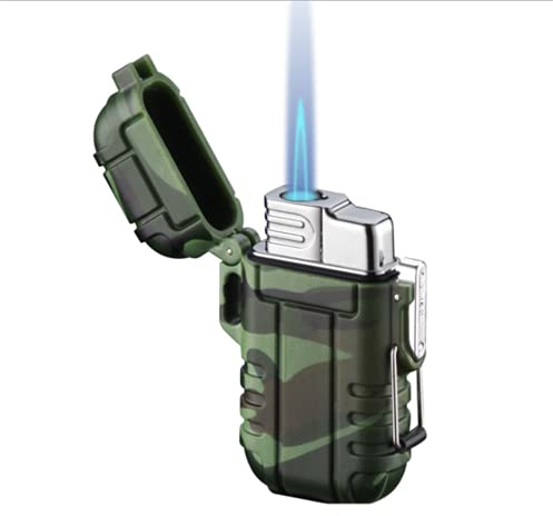 Briquet torche rechargeable au gaz butane - Flamme réglable - Coupe-vent - Étanche - Rechargeable - Pour camping, randonnée, aventure, cuisine, barbecue - Vert
