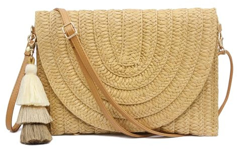 Aovtero Straw Clutch Purse Women Crossbody Bag Summer Beach Shoulder Bags Envelope Wallet Handbags, Light Brown