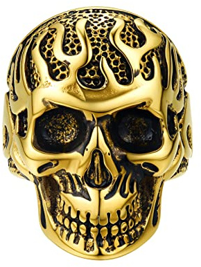PROSTEEL Motorradfahrer Ring 18k vergoldet Größe 72 Biker Flamme Totenkopf Statement Ring Totenschädel Fingerring Modeschmuck Accessoire für Halloween Party