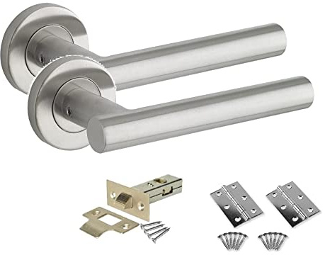 Golden Grace Straight T-Bar Door Handle Pack with Latch & Hinges | Complete bundle includes a 64mm tubular latch, 3-inch hinges, spindle, and screws for seamless, immediate installation.