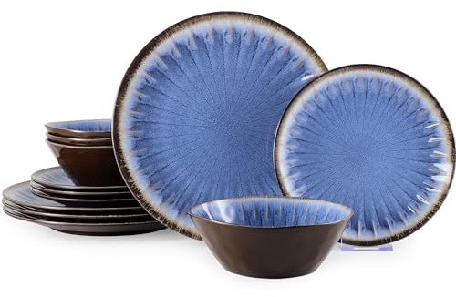 Gufaith Melamine Dinnerware Sets 12 Pcs, Plates and Bowls Sets, Melamine Plates, Outdoor Dishes Sets, Unbreakable Dinnerware, Serving Dishes for Entertaining, Dishwasher Safe, BPA Free (Classic Blue)