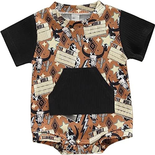 Säuglinge und Kleinkinder Streifen Kurzarm Cartoon Print Stierkopf Brief Tasche Strampler Overall Overall Kleidung Spielmatte 3 Monate (Yellow, 6-12Months)