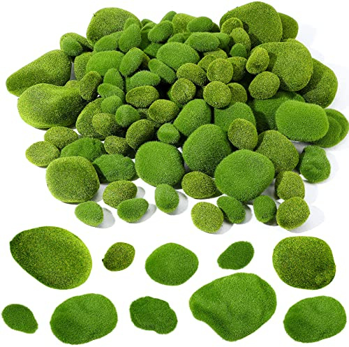 Tigeen 100 Stück 9 Größen grüne Mooskugeln künstliche Moosfelsen dekorative bedeckte Moossteine Fake Green Moos Dekor für Pflanzen Home Crafting Blumenarrangements Topfpflanzen Pflanzgefäße