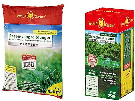 WOLF Garten - Rasen-Langzeitdünger »Premium« 120 Tage LE 450, 3830045, 450 m² & Premium-Rasen »Schatten & Sonne«LP 25; 3820020