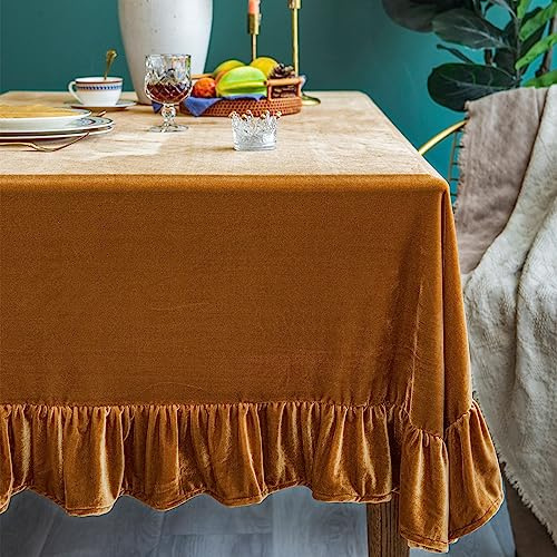 GLORY SEASON Velvet Tablecloth Luxurious Solid Rectangle/Oblong Retro Farmhouse Ruffle Tablecloths Washable Table Cover for Party Wedding Baby Shower Kitchen Dinning Tabletop Decoration 60x120 Inch