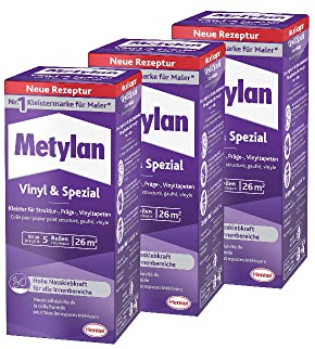 Metylan Vinyl und Spezial, Tapetenkleister für Struktur-, Präge-, und Vinyltapeten, optimale Anstrichstabilität und einfaches Ausrichten, Kleister mit hoher Ergiebigkeit, transparent, 3x180g