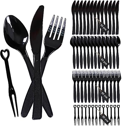 200pcs Wiederverwendbar Plastikbesteck Set Enthalten 50 Plastikgabeln 50 Plastik Messer 50 Plastiklöffel 50 Obstgabel Schwarz Party Besteck Plastik für Familienfeiern Outdoor Dinner Mehrweg