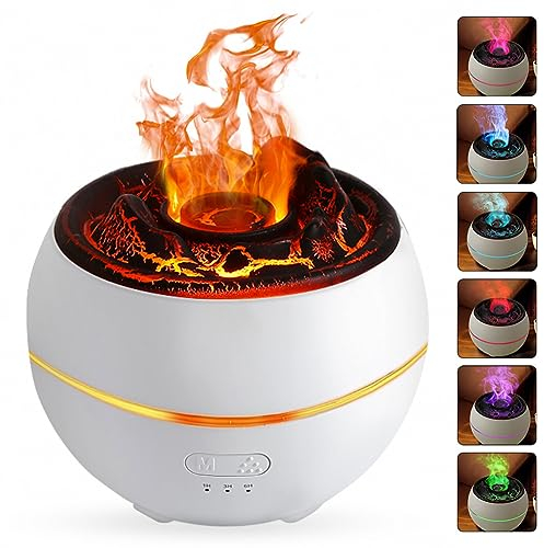Aroma Diffuser für Ätherisches Öle, 360ml Luftbefeuchter, Vulkan Duftlampe mit Timer, Auto-Off-Schutz und 7 Farben LED-Nachtlicht, Flammeneffekt Diffusor für Schlafzimmer, Büro, Yoga, SPA (White)