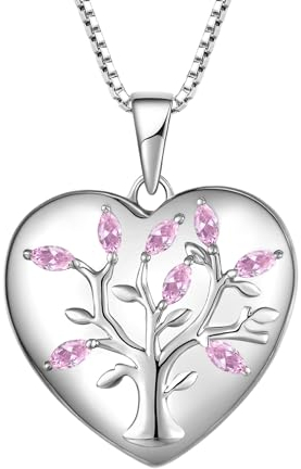 YL Tree of Life Locket Necklace 925 Sterling Silver cut Pink Tourmaline Cubic Zirconia Heart Locket Pendant for Women