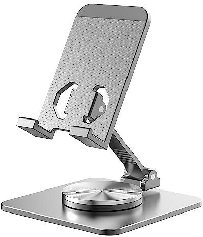 SOJUNER Cell Phone & Tablet Stand for Desk, Aluminum Adjustable Holder for iPhone, iPad & Smartphones || Foldable Mount with 360° Swivel, Stable Base & Portable Design for 4–9.7in Devices, Mini Grey