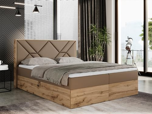 MKS MEBLE Boxspringbett 160x200 mit Bettkasten, Polsterbett 160x200 mit Matratze H3, Boxspringbett 160x200 mit Kopfteil, Boxspringbett mit Massivholz - Gunar - Braun Kunstleder - H3