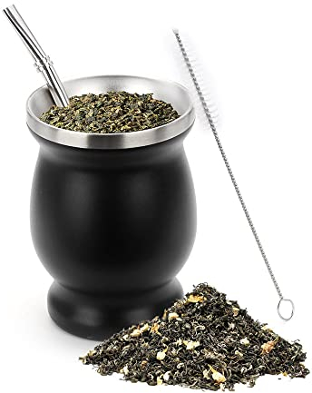 PIQIUQIU Set di tazze da tè Yerba Mate in acciaio inox, 230 ml, a doppia parete, senza BPA, con cannucce e spazzola per la pulizia (nero)