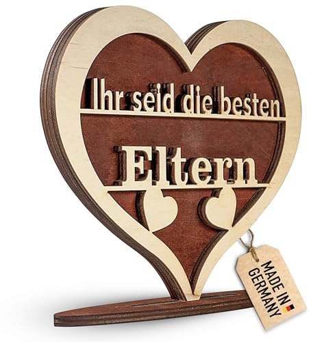Urhome Holzherz mit Spruch Ihr seid die besten Eltern - 21 x 18 cm Holz Herz mit Ständer - Deko-Herz Geschenk für Eltern zum Geburtstag Weihnachten