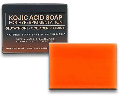 Kojisäure-Seife - Natürliche Seifenstange mit Kurkuma - Kojisäure Dunkle Flecken Entferner Seife - Pigmentierung mit Glutathion und Vitamin C verblassen lassen - Strahlende Haut und gleichmäßiger